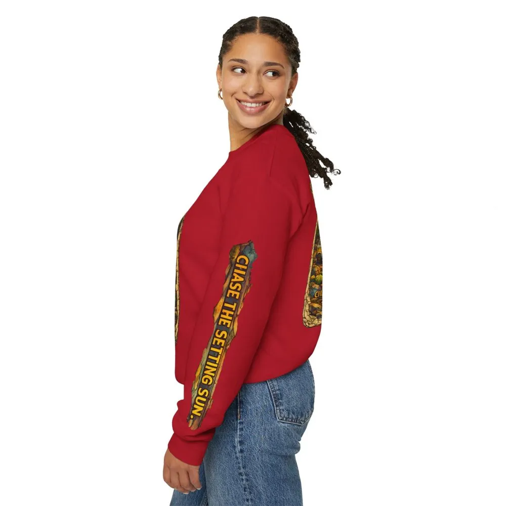 Unisex Heavy Blend™ Crewneck Sweatshirt — "Chase The Settings Sun" Design Cubic-Line