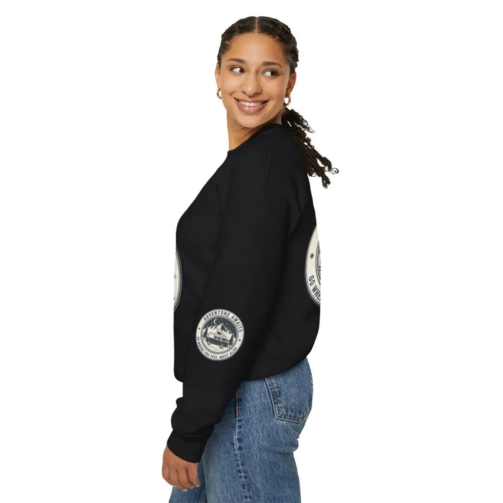 Crewneck Sweatshirt — "Adventure Awaits-Go Where You Feel Most Alive" (Font + Back + Sleaves printed) Vintage Camper Van Outdoor Graphic