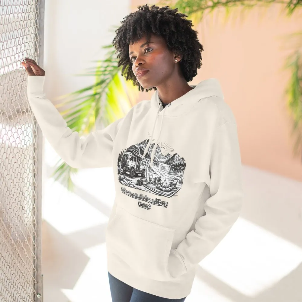 10678575506811284888_2048.jpeg Three-Panel Fleece Hoodie - "Adventure Awaits Around Every Corner" Design Minimal-Line