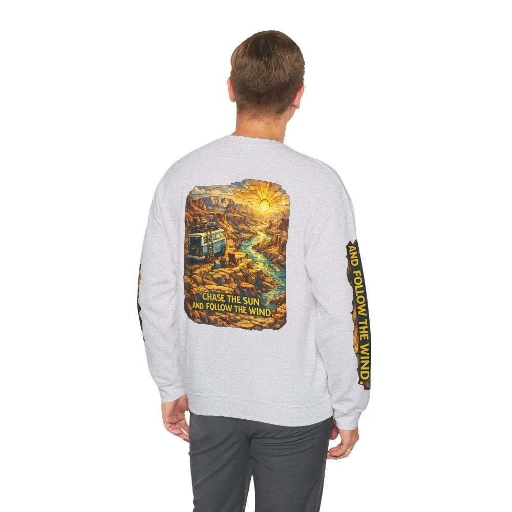 Unisex Heavy Blend™ Crewneck Sweatshirt — "Chase The Sun And Follow The Wind" Design Cubic-Line