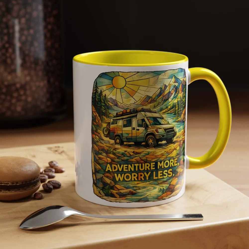 Accent Coffee Mug (11, 15oz) — "Adventure More Worry Less" Design Cubic-Line