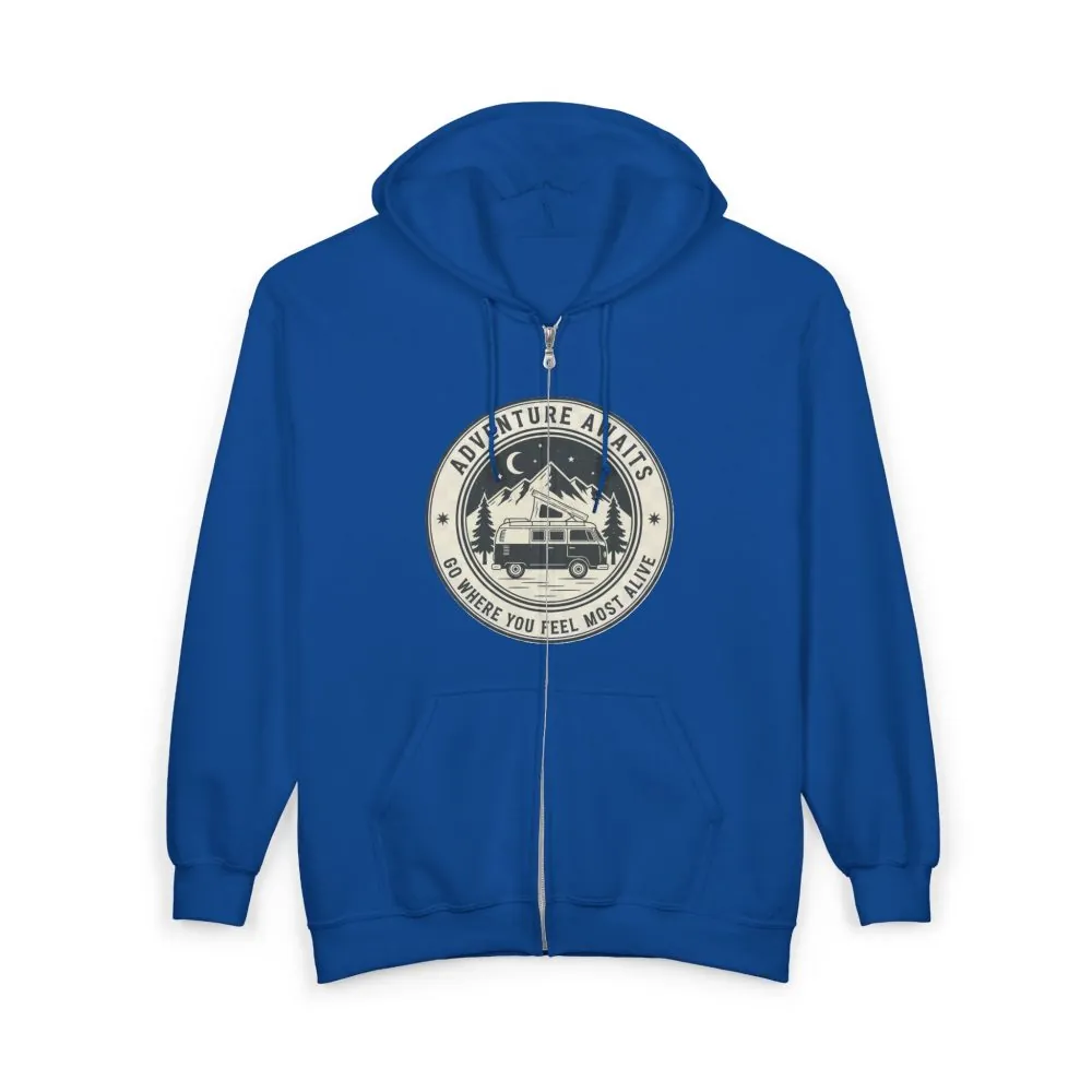 Zip Hoodie — "Adventure Awaits-Go Where You Feel Most Alive" (Front + Back Printed) Camper Van Adventure Zip-Up