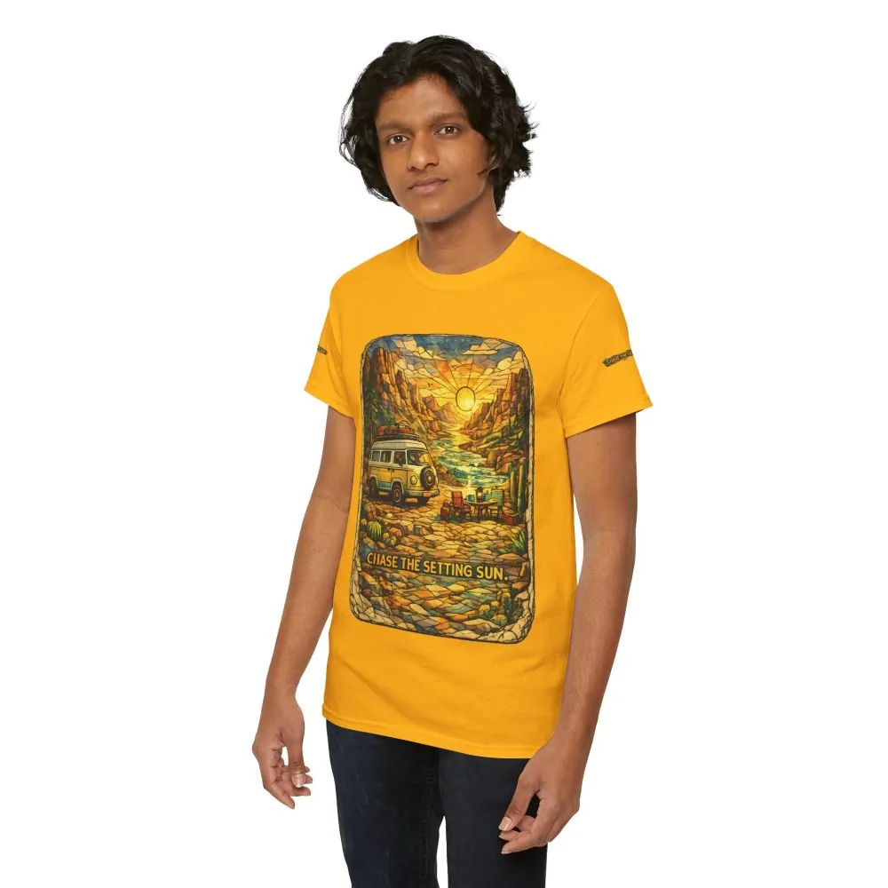 Unisex Heavy Cotton Tee — "Chase The Settings Sun" Design Cubic-Line