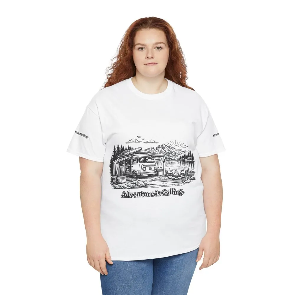 Unisex Heavy Cotton Tee — "Adventure Is Calling" Design Minimal-Line