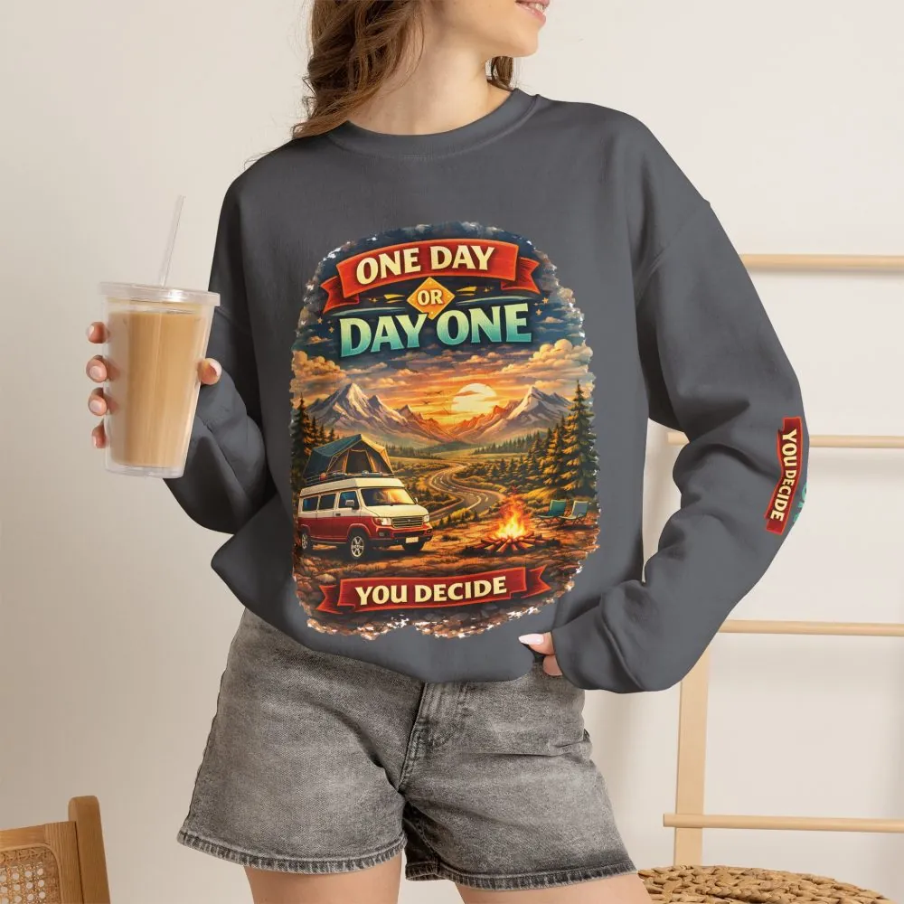 Unisex Heavy Blend™ Crewneck Sweatshirt — "One Day Or Day One" Design Scenic-Line