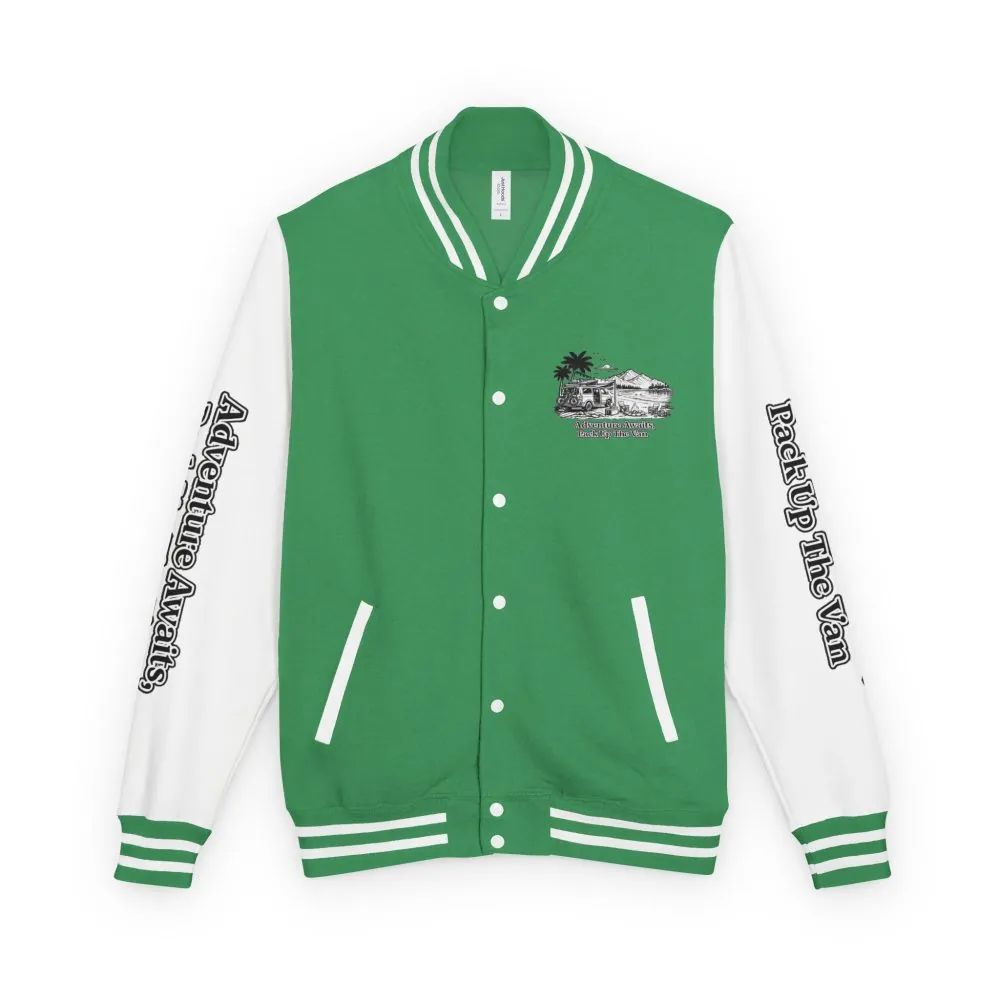 Unisex Heavyweight Letterman Jacket — "Adventure Awaits,Pack Up The Van" Travel Varsity Coat