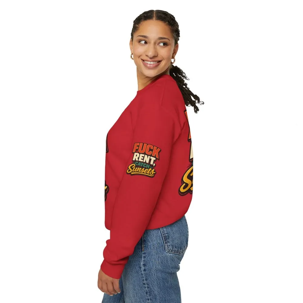 Unisex Heavy Blend™ Crewneck Sweatshirt — "Fuck Rent Catch Sunsets" Design F**K-Line