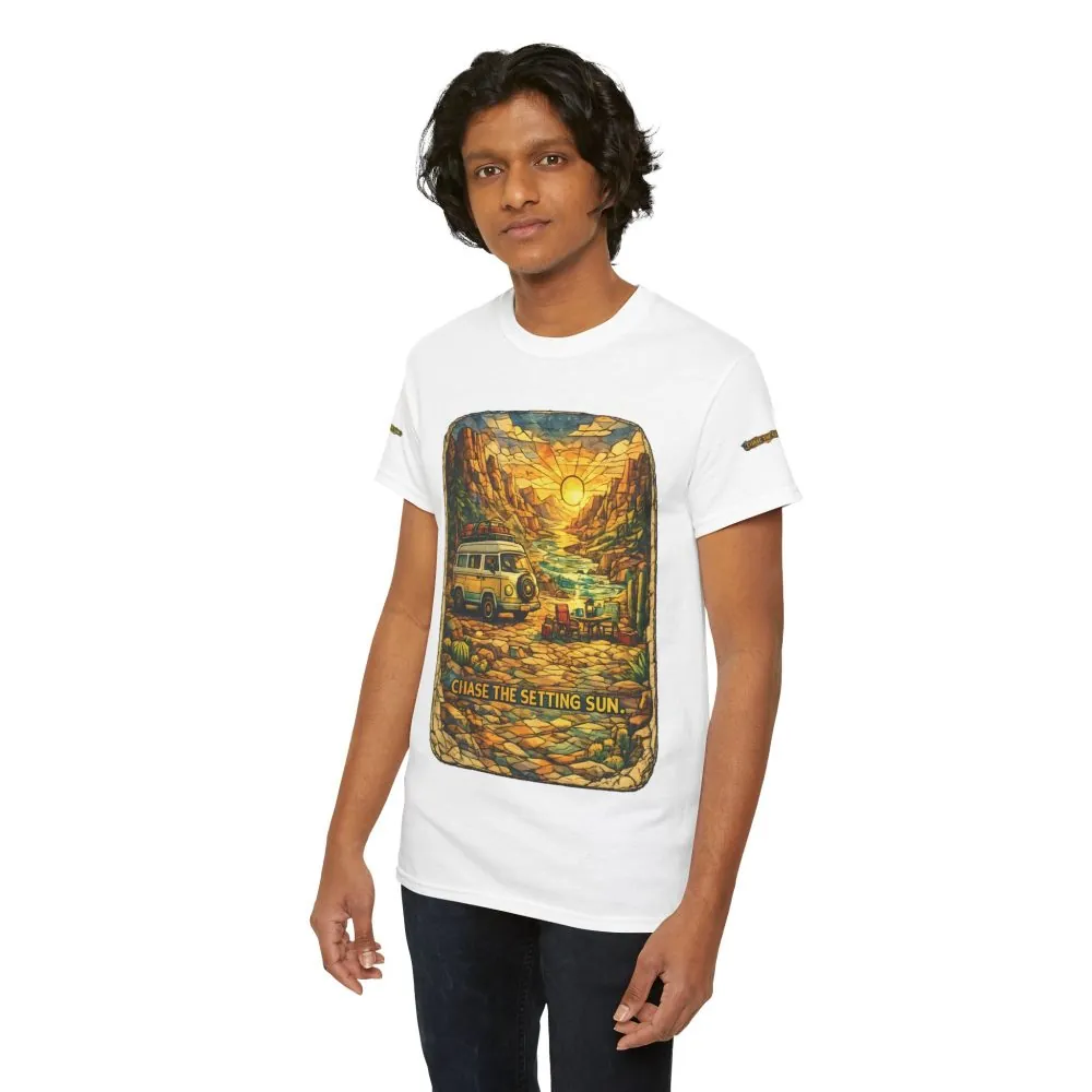 Unisex Heavy Cotton Tee — "Chase The Settings Sun" Design Cubic-Line