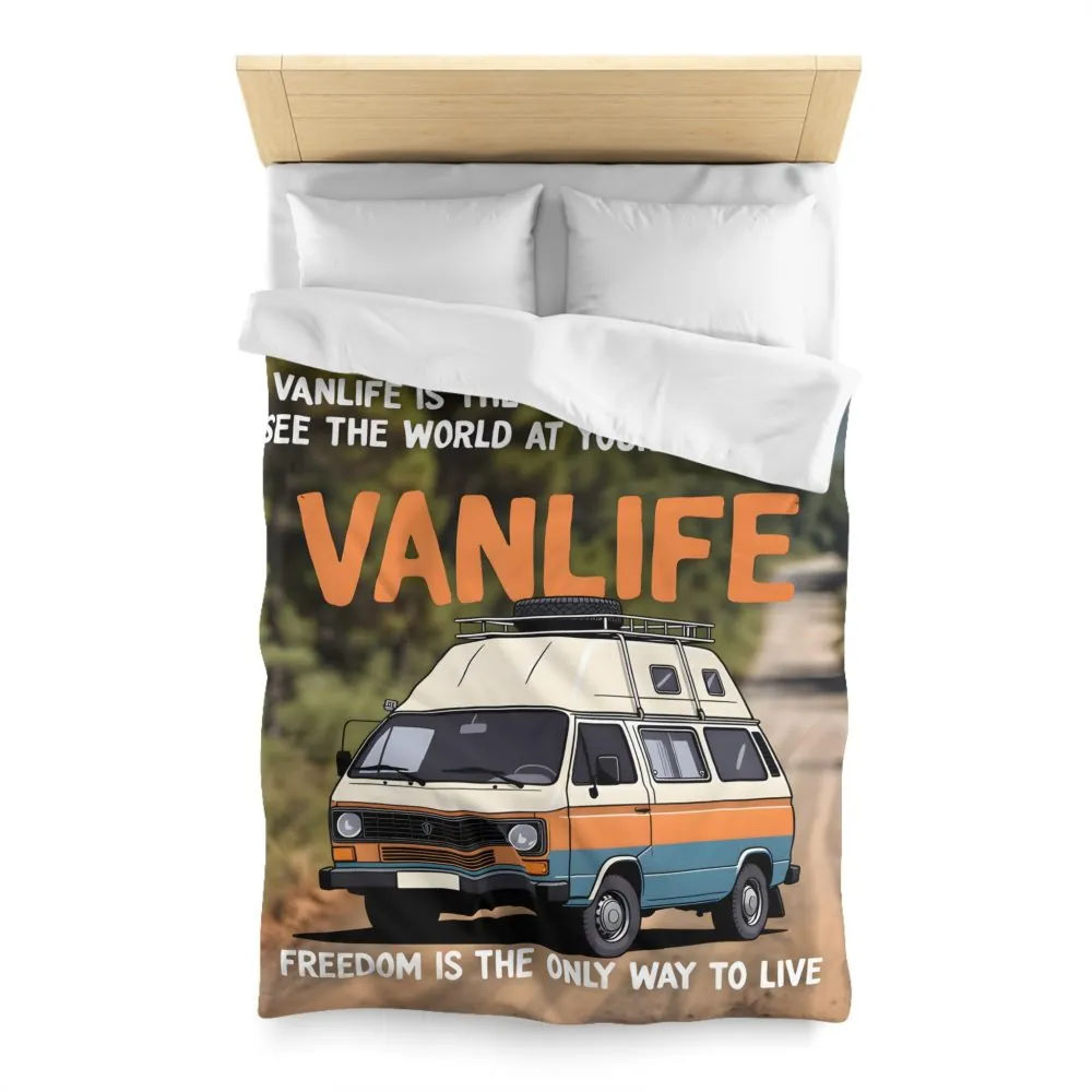 Duvet Cover — "Vanlife freedom is the only way to live" Retro Camper Van Freedom Bedding
