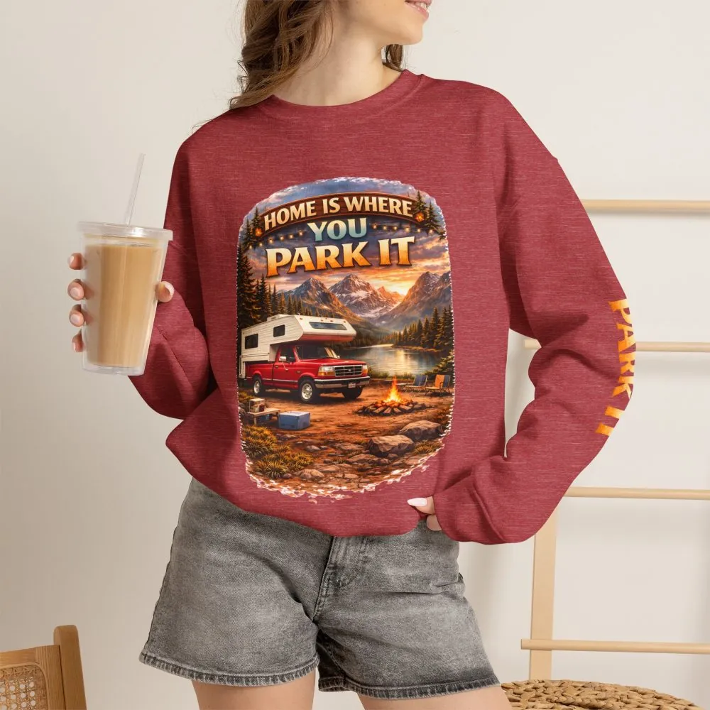 Unisex Heavy Blend™ Crewneck Sweatshirt — "Home Is Where You Park It" Design Scenic-Line
