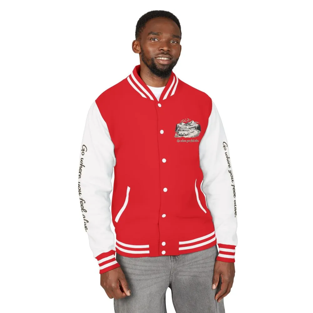 Unisex Heavyweight Letterman Jacket — "Go Where You Feel Alive" Travel Varsity Coat
