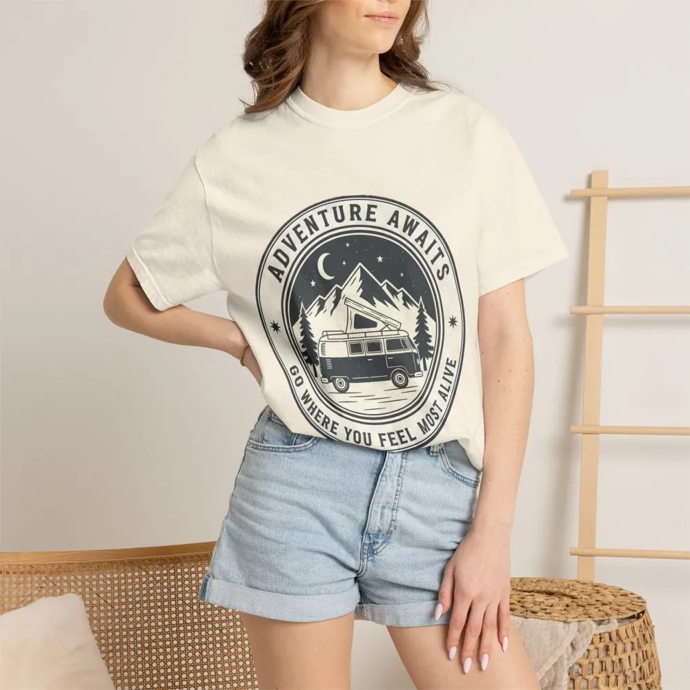 T-Shirt — "Adventure Awaits-Go Where You Feel Most Alive" (Front + Back Printed) Outdoor Travel Tee