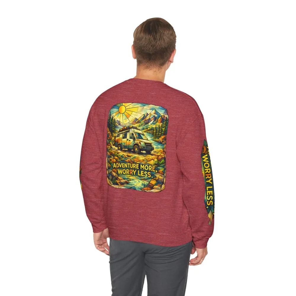 Unisex Heavy Blend™ Crewneck Sweatshirt — "Adventure More Worry Less" Design Cubic-Line