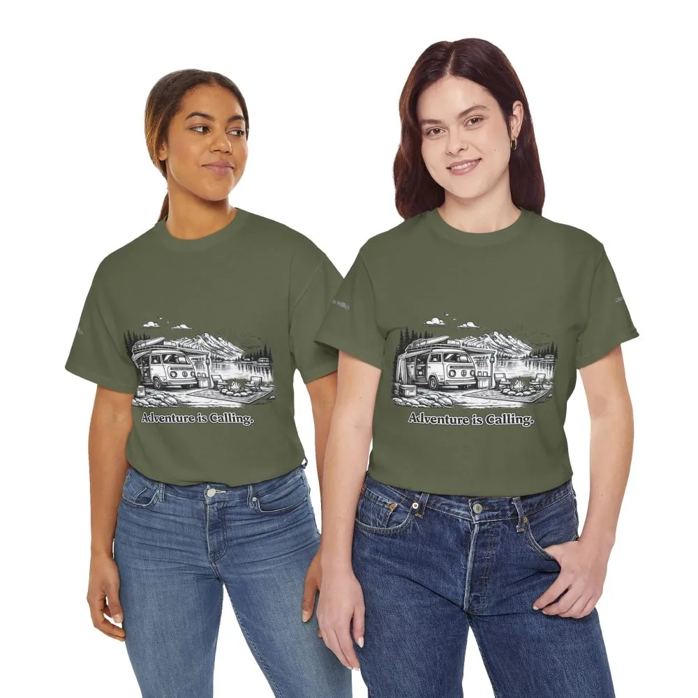 Unisex Heavy Cotton Tee — "Adventure Is Calling" Design Minimal-Line
