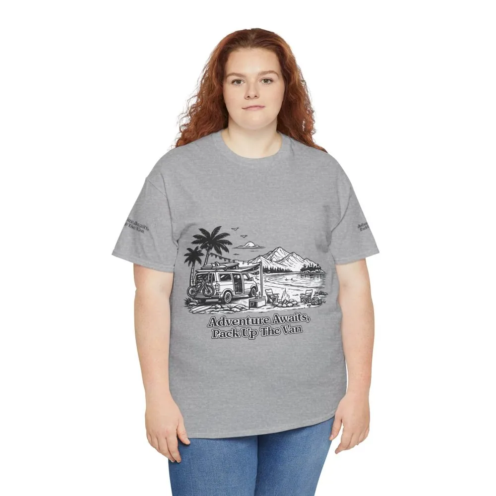 Unisex Heavy Cotton Tee — "Adventure Awaits,Pack Up The Van" Design Minimal-Line
