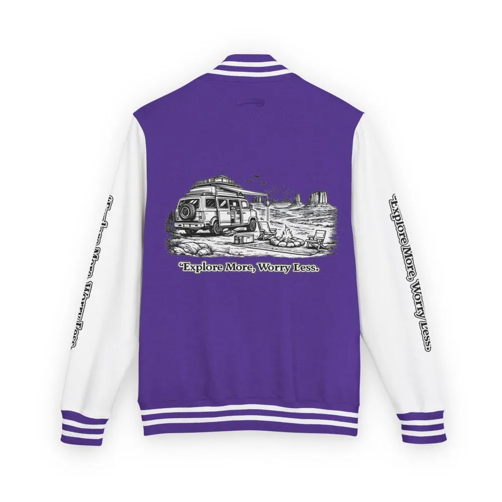 Unisex Heavyweight Letterman Jacket — "Explore More Worry Less" Travel Varsity Coat