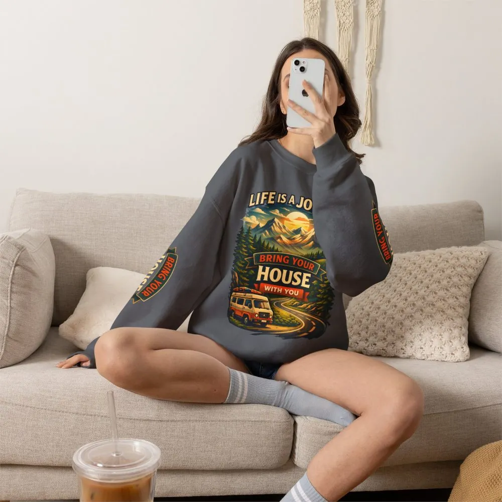Unisex Heavy Blend™ Crewneck Sweatshirt — "Live Is A Journey-Bring Your House With You" Design Scenic-Line