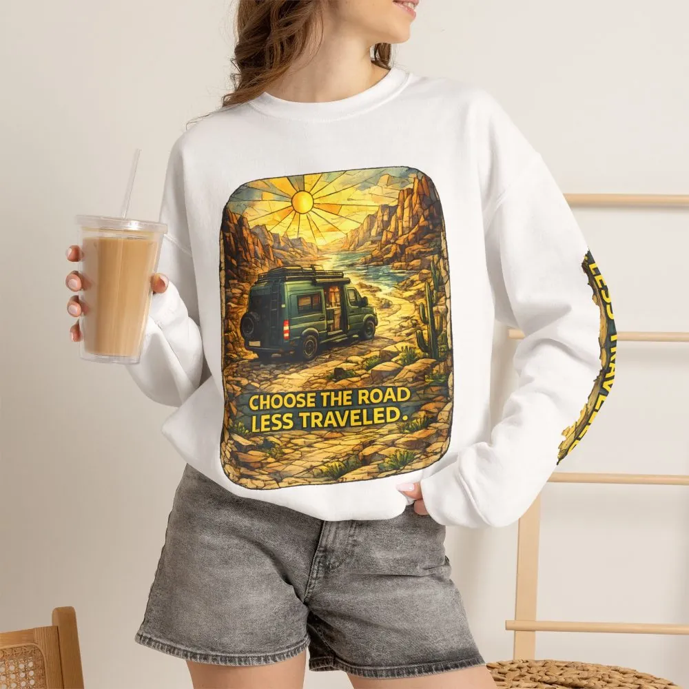 Unisex Heavy Blend™ Crewneck Sweatshirt — "Choose The Road Less Traveled" Design Cubic-Line