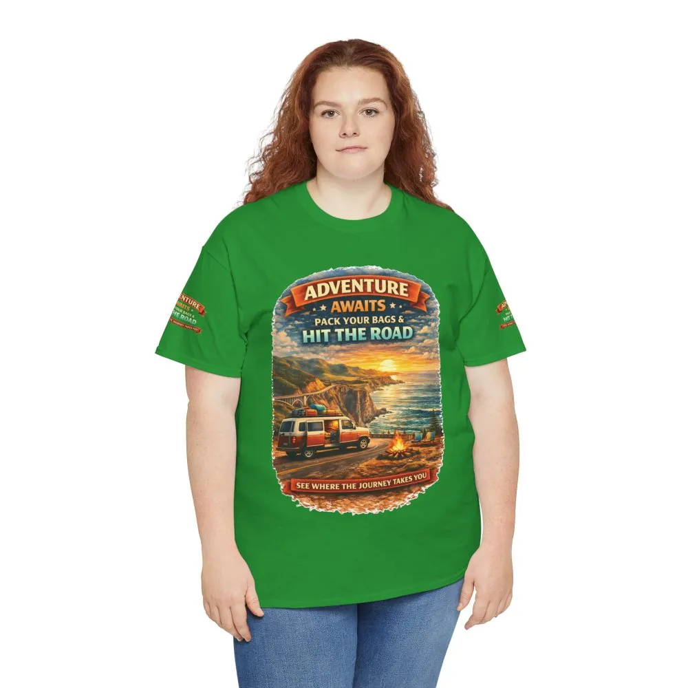 Unisex Heavy Cotton Tee — "Adventure Awaits-Pack Your Bags" Design Scenic-Line