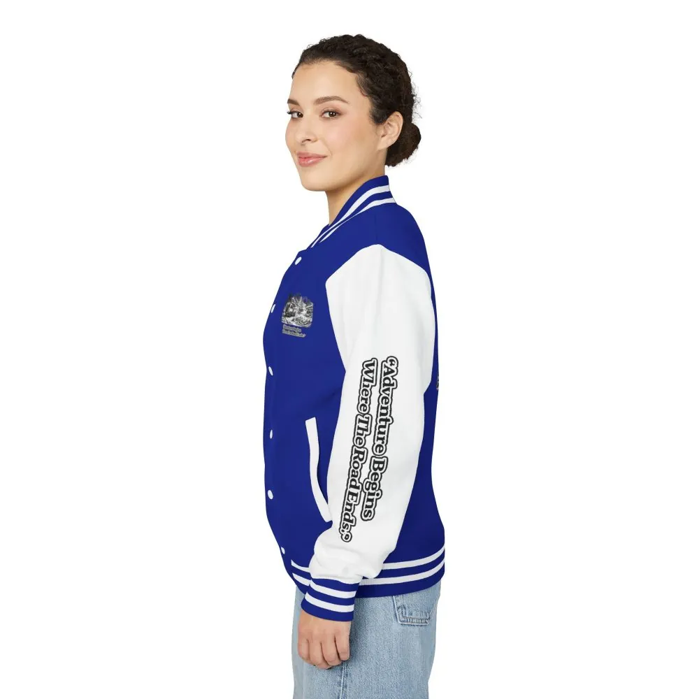 Unisex Heavyweight Letterman Jacket — "Adventure Begins Where The Road Ends" Travel Varsity Coat