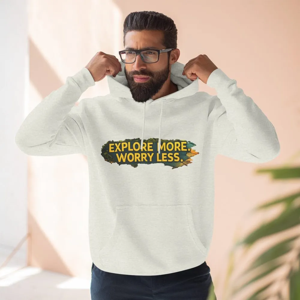Three-Panel Fleece Hoodie - "Explore More Worry Less" Design Cubic-Line
