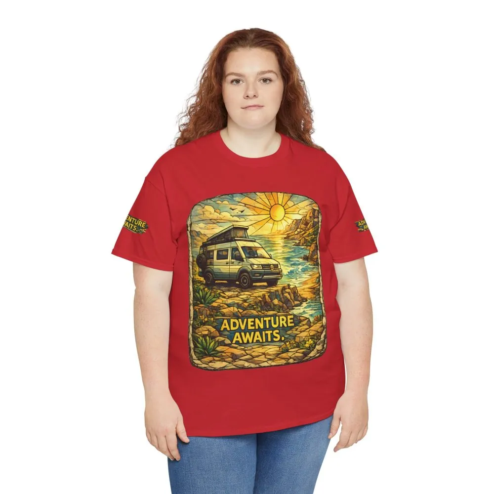 Unisex Heavy Cotton Tee — "Adventure Awaits" Design Cubic-Line
