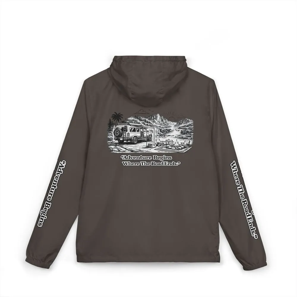 Unisex Full-Zip Windbreaker Jacket — "Adventure Begins Where Roads End" (Design "Minimal-Line")