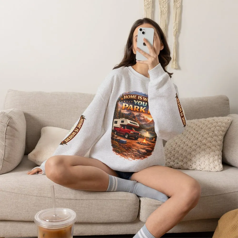 Unisex Heavy Blend™ Crewneck Sweatshirt — "Home Is Where You Park It" Design Scenic-Line