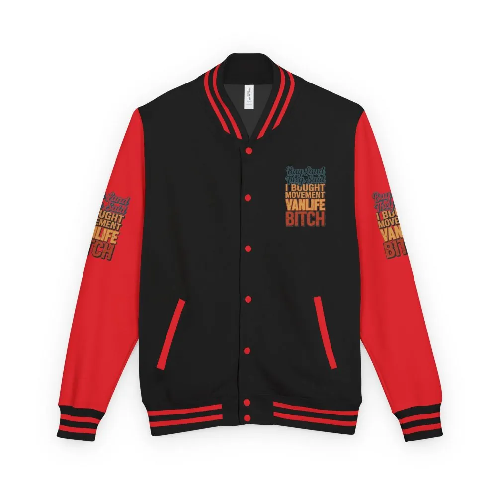 10856910436484413624_2048.jpeg Unisex Heavyweight Letterman Jacket — "Buy Land They Said" Design F**K-Line