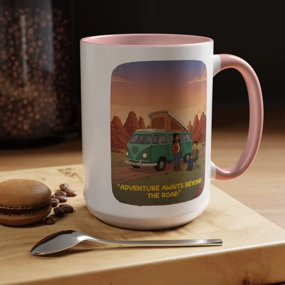 Accent Coffee Mug (11, 15oz) — "Adventure Awaits Beyond The Road" Design Sitcom-Line