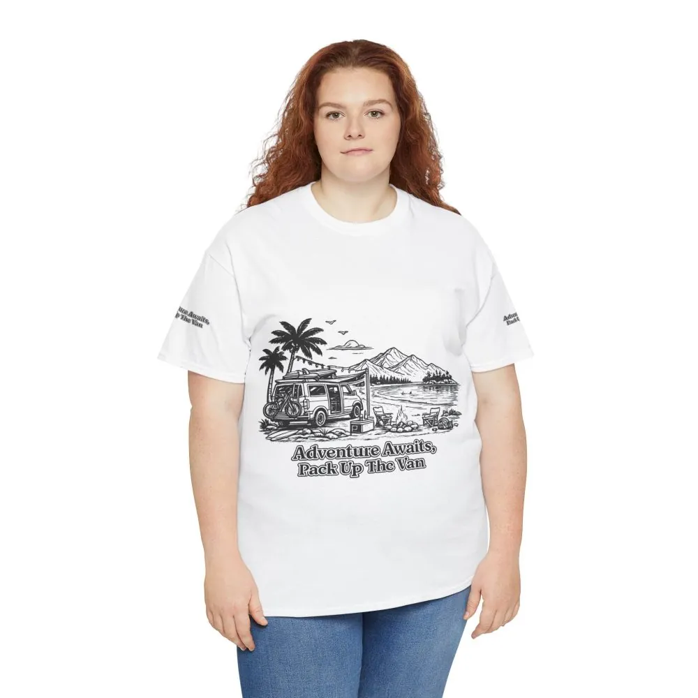 Unisex Heavy Cotton Tee — "Adventure Awaits,Pack Up The Van" Design Minimal-Line