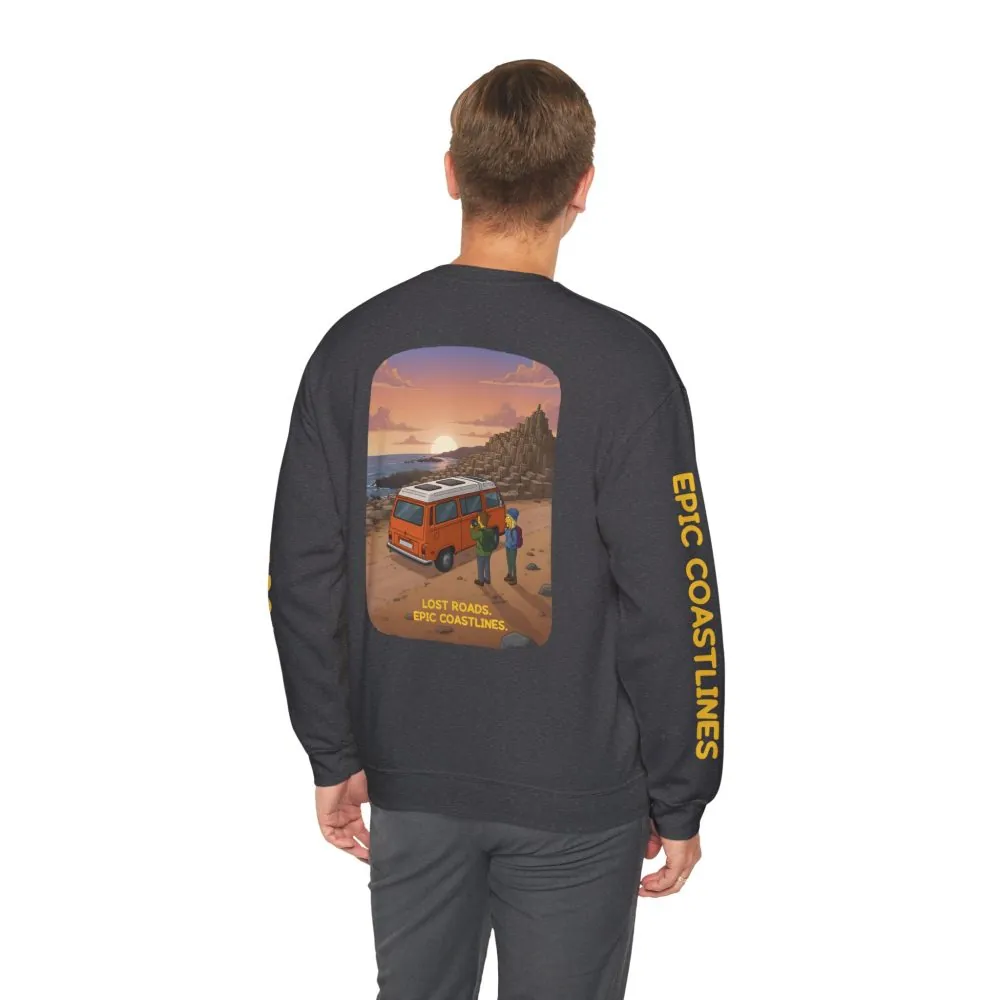 Unisex Heavy Blend™ Crewneck Sweatshirt — "Lost Roads Epic Coastlines" Design Sitcom-Line