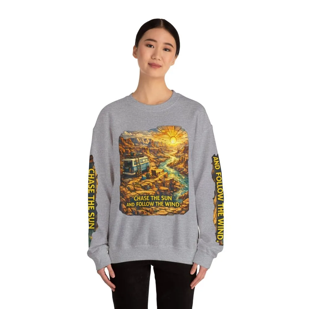 Unisex Heavy Blend™ Crewneck Sweatshirt — "Chase The Sun And Follow The Wind" Design Cubic-Line