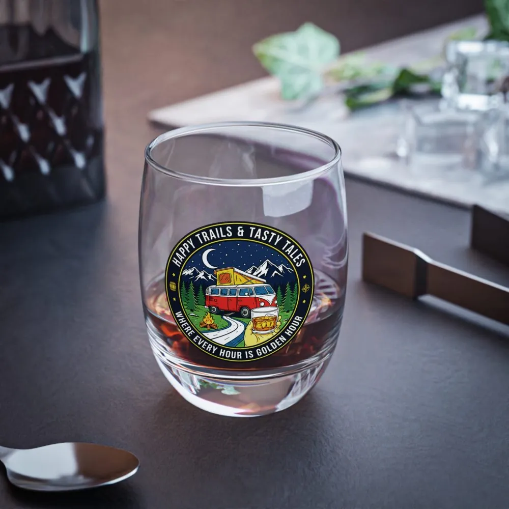 Whiskey Glass - 'Happy Trails & Tasty Tales' Camper Van Camping Whiskey Glass