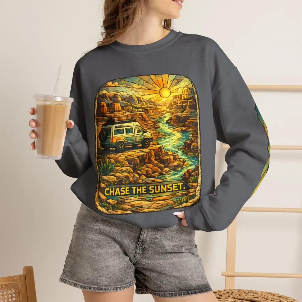 Unisex Heavy Blend™ Crewneck Sweatshirt — "Chase The Sunset" Design Cubic-Line