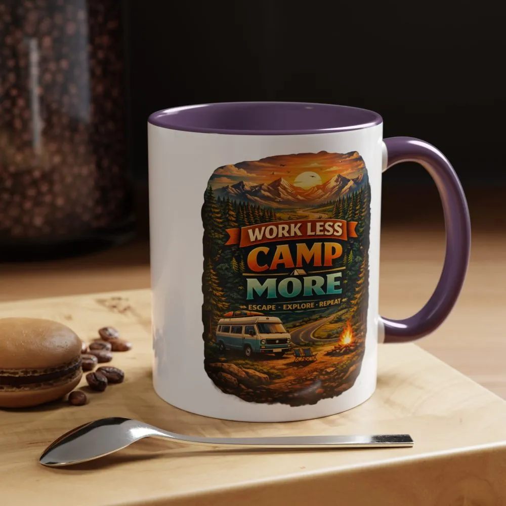 Accent Coffee Mug (11, 15oz) — "Work Less-Camp More" Design Scenic-Line