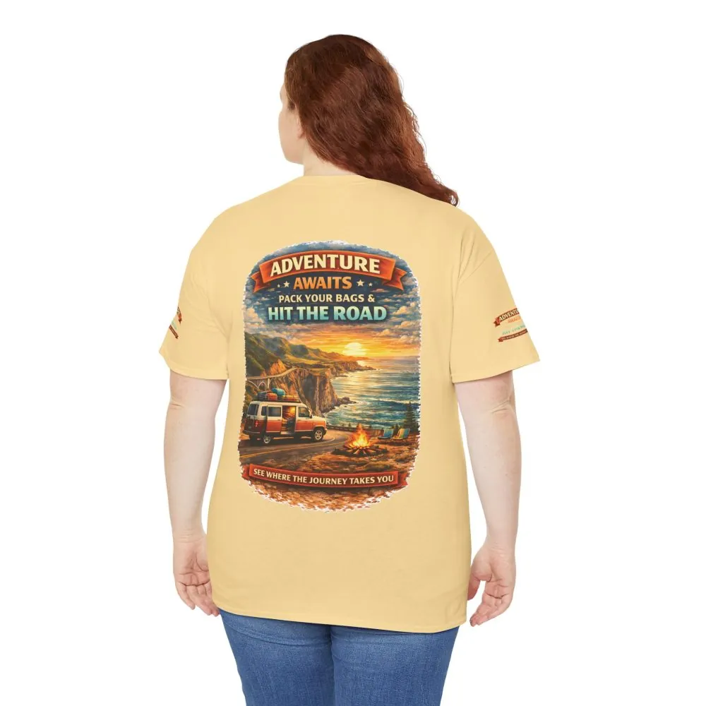 Unisex Heavy Cotton Tee — "Adventure Awaits-Pack Your Bags" Design Scenic-Line