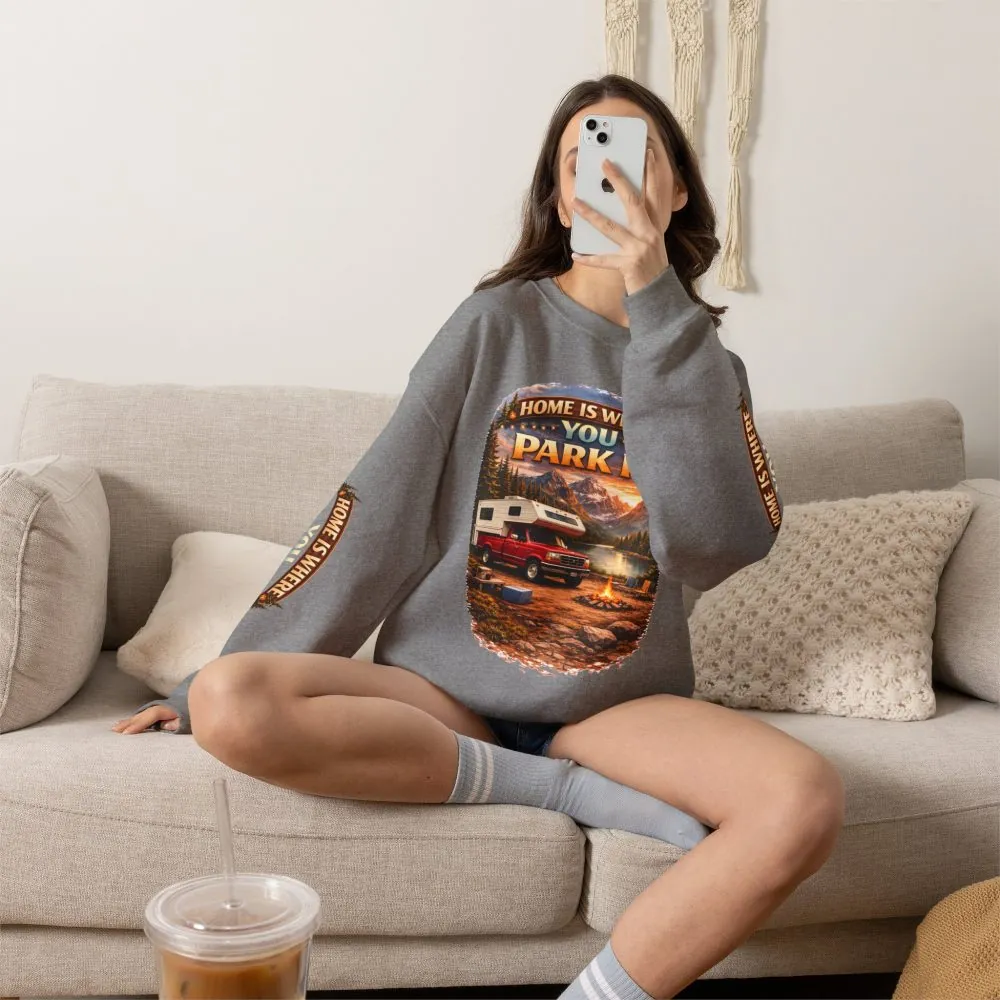 Unisex Heavy Blend™ Crewneck Sweatshirt — "Home Is Where You Park It" Design Scenic-Line