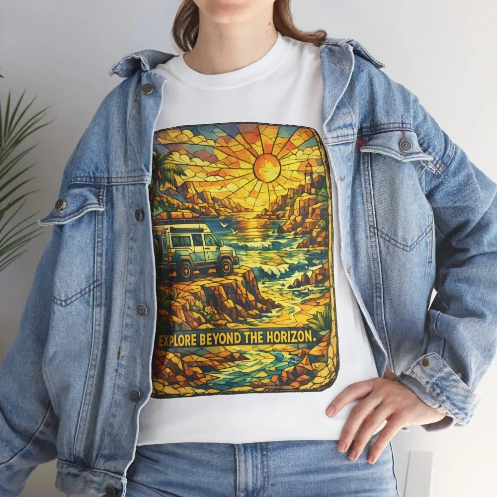 Unisex Heavy Cotton Tee — "Explore Beyond The Horizon" Design Cubic-Line