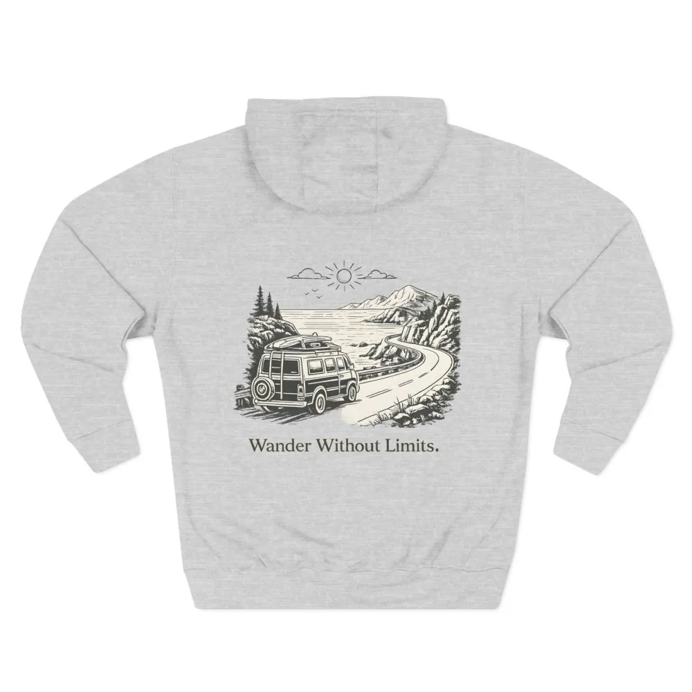 10928540508350163284_2048.jpeg Three-Panel Fleece Hoodie - "Wander Without Limits" Design Minimal-Line