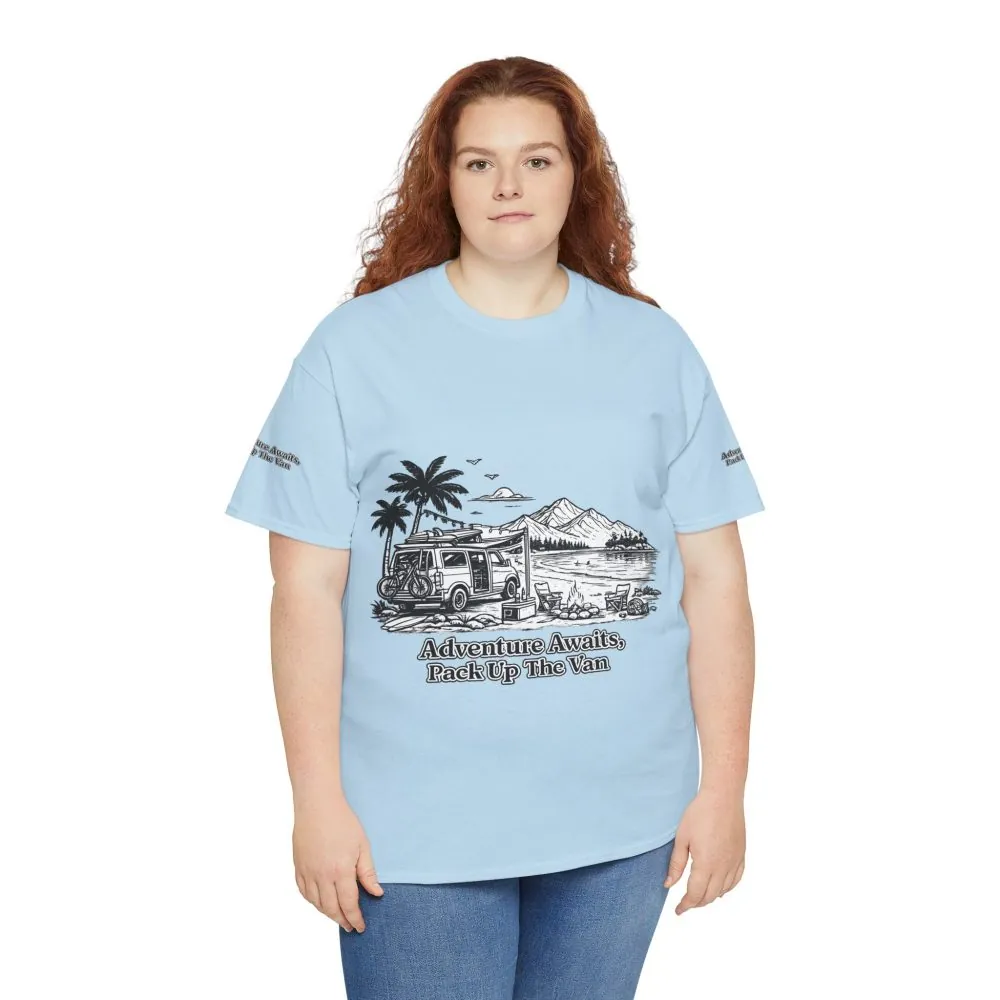 Unisex Heavy Cotton Tee — "Adventure Awaits,Pack Up The Van" Design Minimal-Line