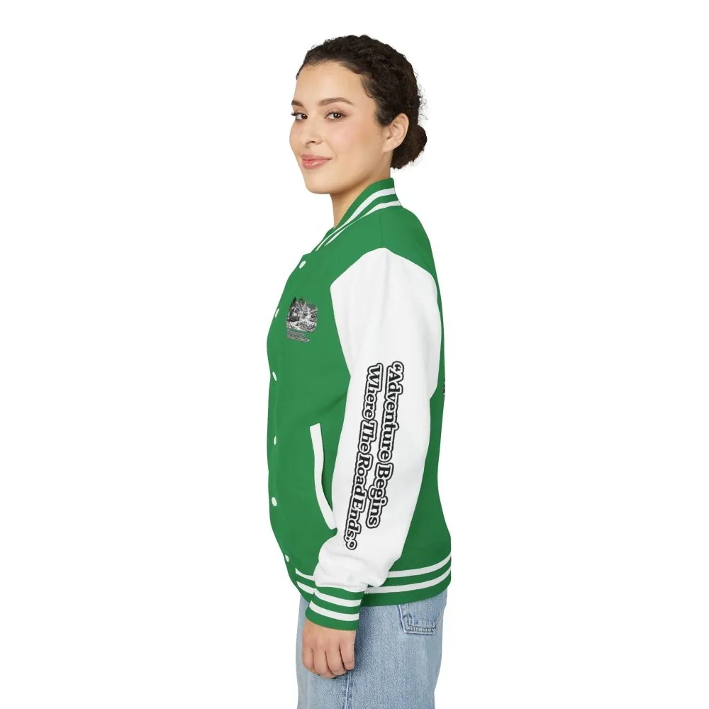 Unisex Heavyweight Letterman Jacket — "Adventure Begins Where The Road Ends" Travel Varsity Coat