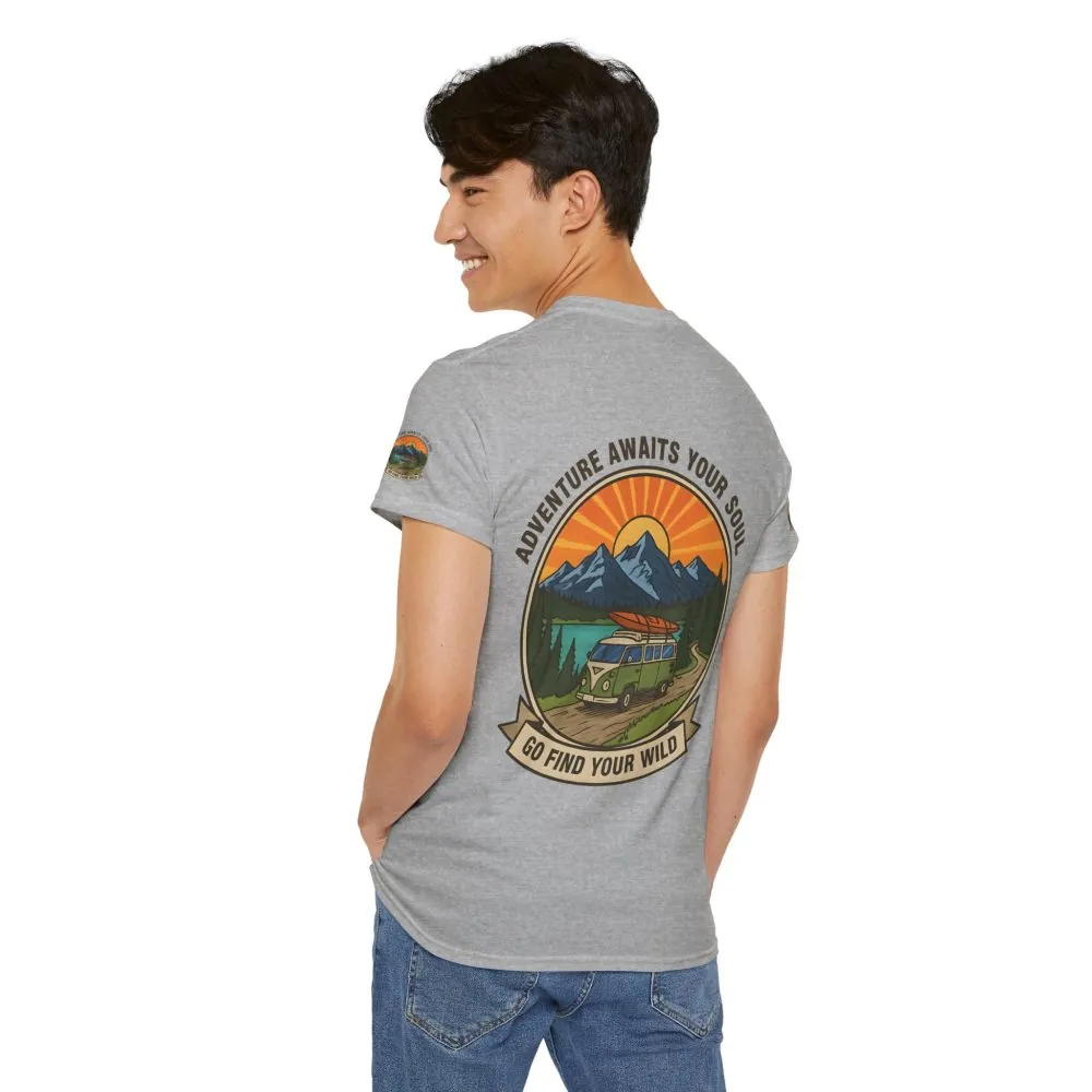 Unisex Heavy Cotton Tee — “Adventure Awaits Your Soul: Go Find Your Wild” Van & Mountain Graphic