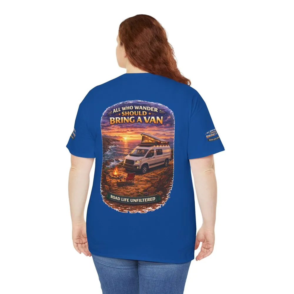 Unisex Heavy Cotton Tee — "All Who wander Should Bring A Van" Design Scenic-Line