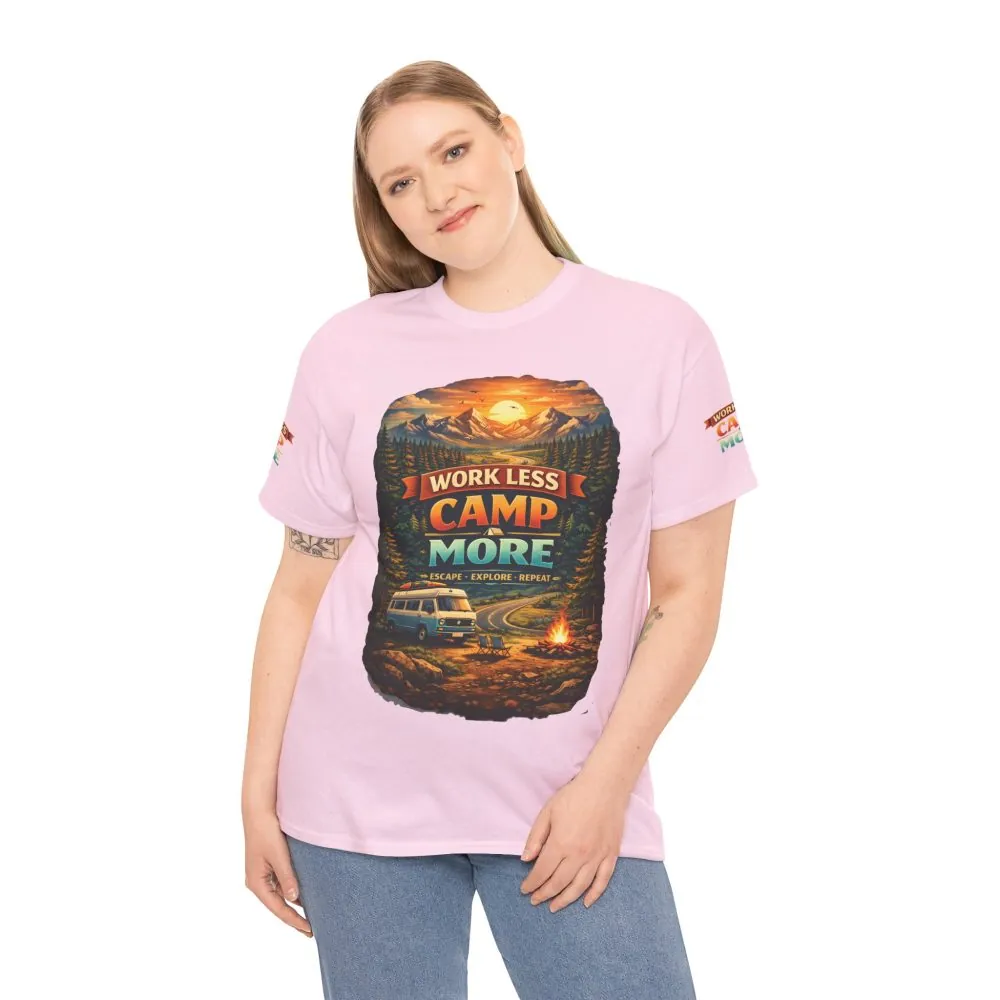 Unisex Heavy Cotton Tee — "Work Less Camp More" Design Scenic-Line