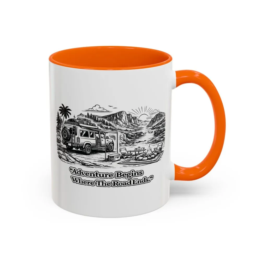 Accent Coffee Mug (11, 15oz) — "Adventure Begins Where The Road Ends" Design Minimal-Line