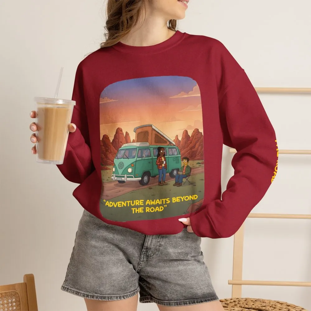 10960883654847689293_2048.jpeg Unisex Heavy Blend™ Crewneck Sweatshirt — "Adventure Awaits Beyond The Road" Design Sitcom-Line