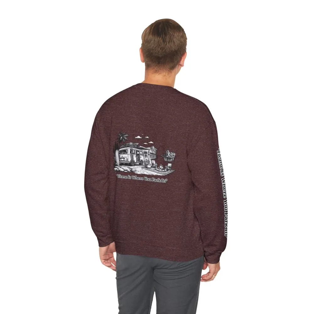 Unisex Heavy Blend™ Crewneck Sweatshirt — "Home Is Where You Park It" Design Minimal-Line