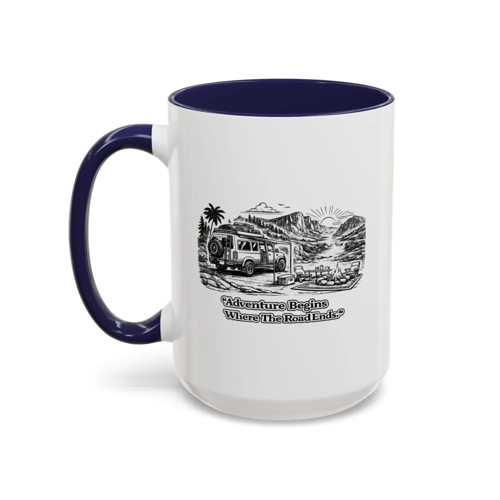Accent Coffee Mug (11, 15oz) — "Adventure Begins Where The Road Ends" Design Minimal-Line
