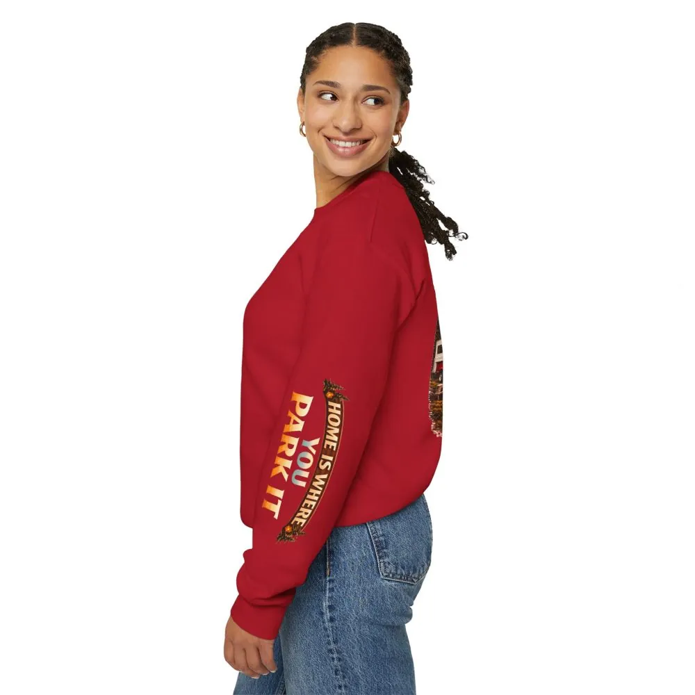 Unisex Heavy Blend™ Crewneck Sweatshirt — "Home Is Where You Park It" Design Scenic-Line